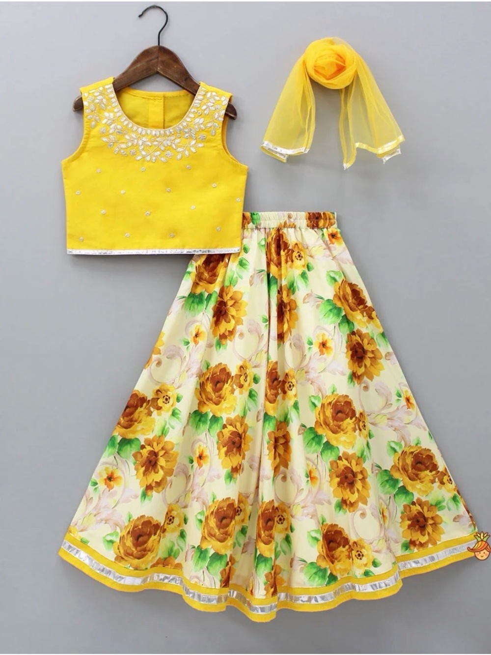 Girls Yellow Floral Lehenga Choli Set with Dupatta